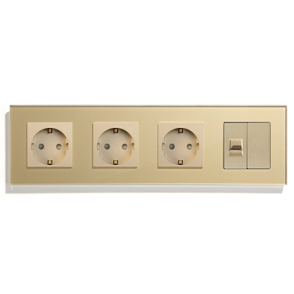 Розетка чотиримісна LUXION Силова + Інтернет RJ-45, золота, настінна, скляна рамка