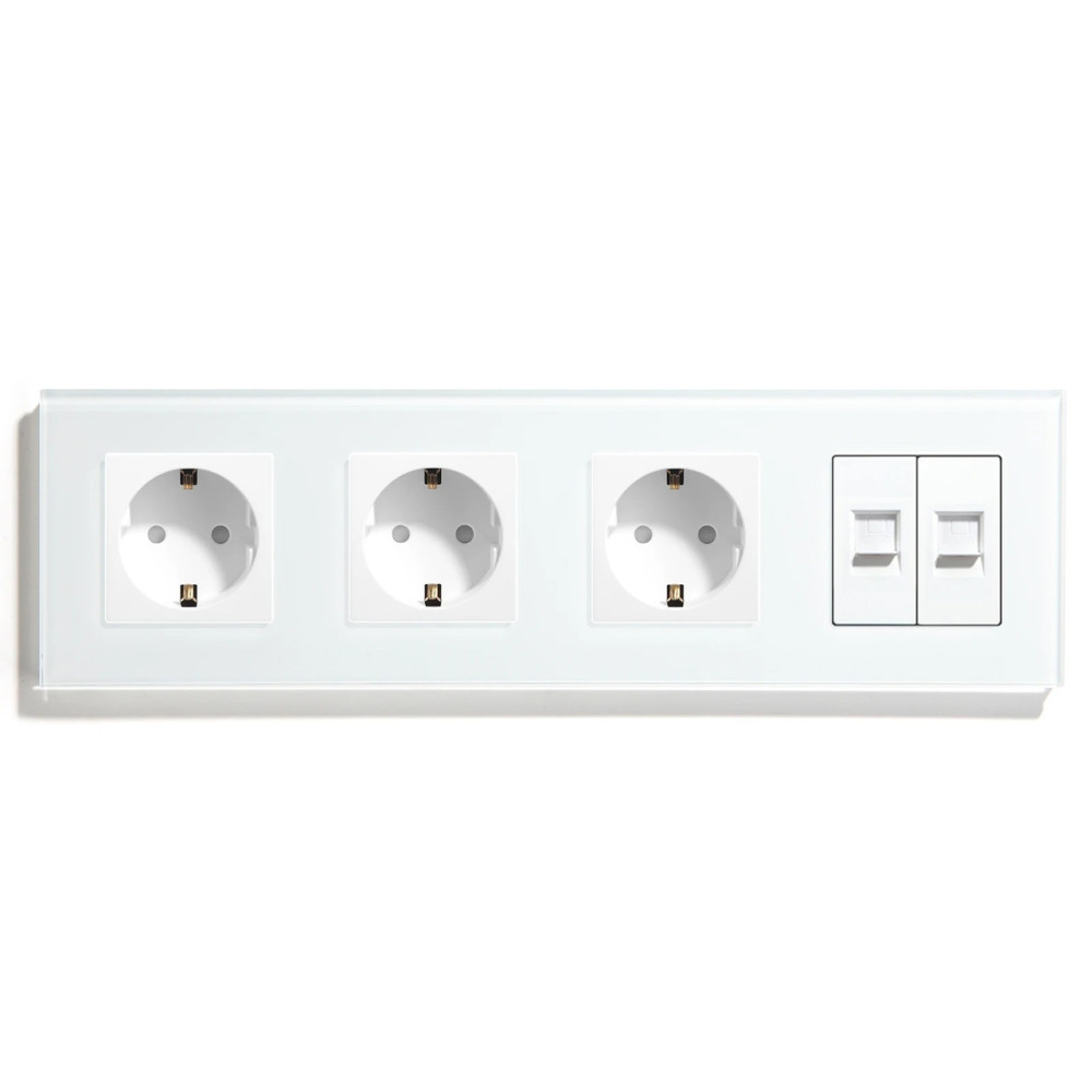 Розетка чотиримісна з двома інтернет портами RJ-45, LUXION біла, настінна дизайнерська, скляна рамка