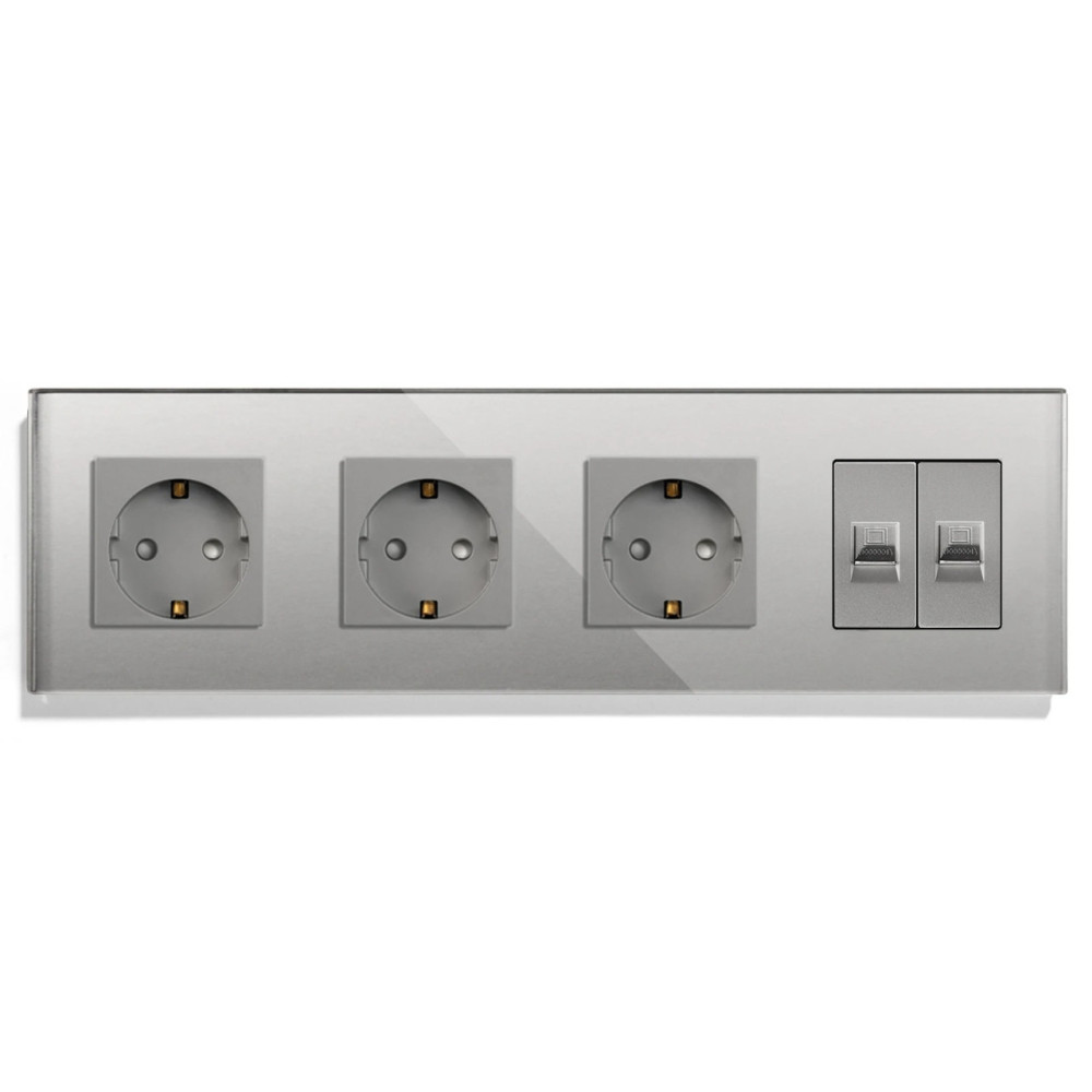 Розетка чотиримісна з двома інтернет портами RJ-45, LUXION сіра, настінна дизайнерська, скляна рамка