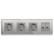 Розетка чотиримісна з двома інтернет портами RJ-45, LUXION сіра, настінна дизайнерська, скляна рамка