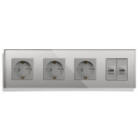 Розетка чотиримісна з двома інтернет портами RJ-45, LUXION сіра, настінна дизайнерська, скляна рамка