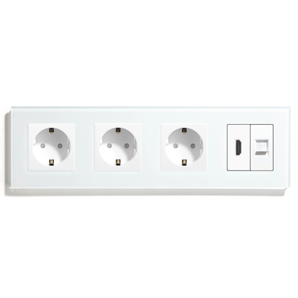 Розетка чотиримісна з HDMI і Інтернет RJ-45, LUXION біла, настінна, скляна рамка