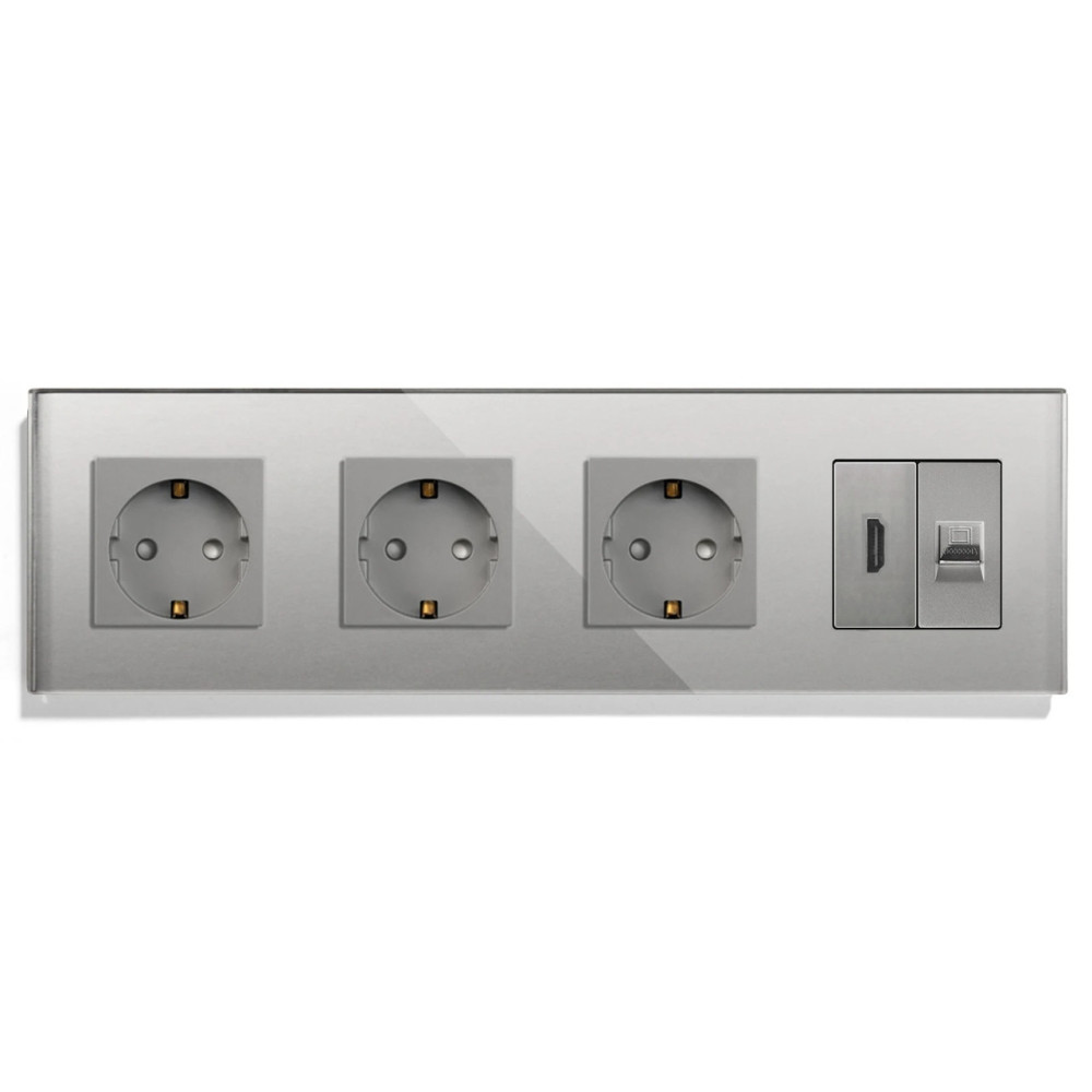 Розетка чотиримісна з HDMI і Інтернет RJ-45, LUXION сіра, настінна, скляна рамка
