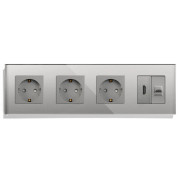 Розетка чотиримісна з HDMI і Інтернет RJ-45, LUXION сіра, настінна, скляна рамка