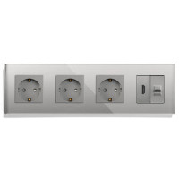 Розетка чотиримісна з HDMI і Інтернет RJ-45, LUXION сіра, настінна, скляна рамка