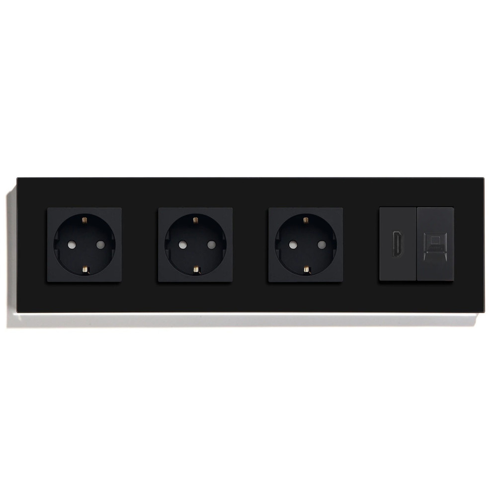Розетка чотиримісна з HDMI і Інтернет RJ-45, LUXION чорна, настінна, скляна рамка