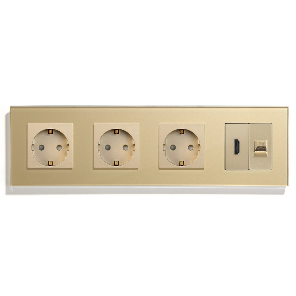 Розетка чотиримісна з HDMI і Інтернет RJ-45, LUXION золота, настінна, скляна рамка