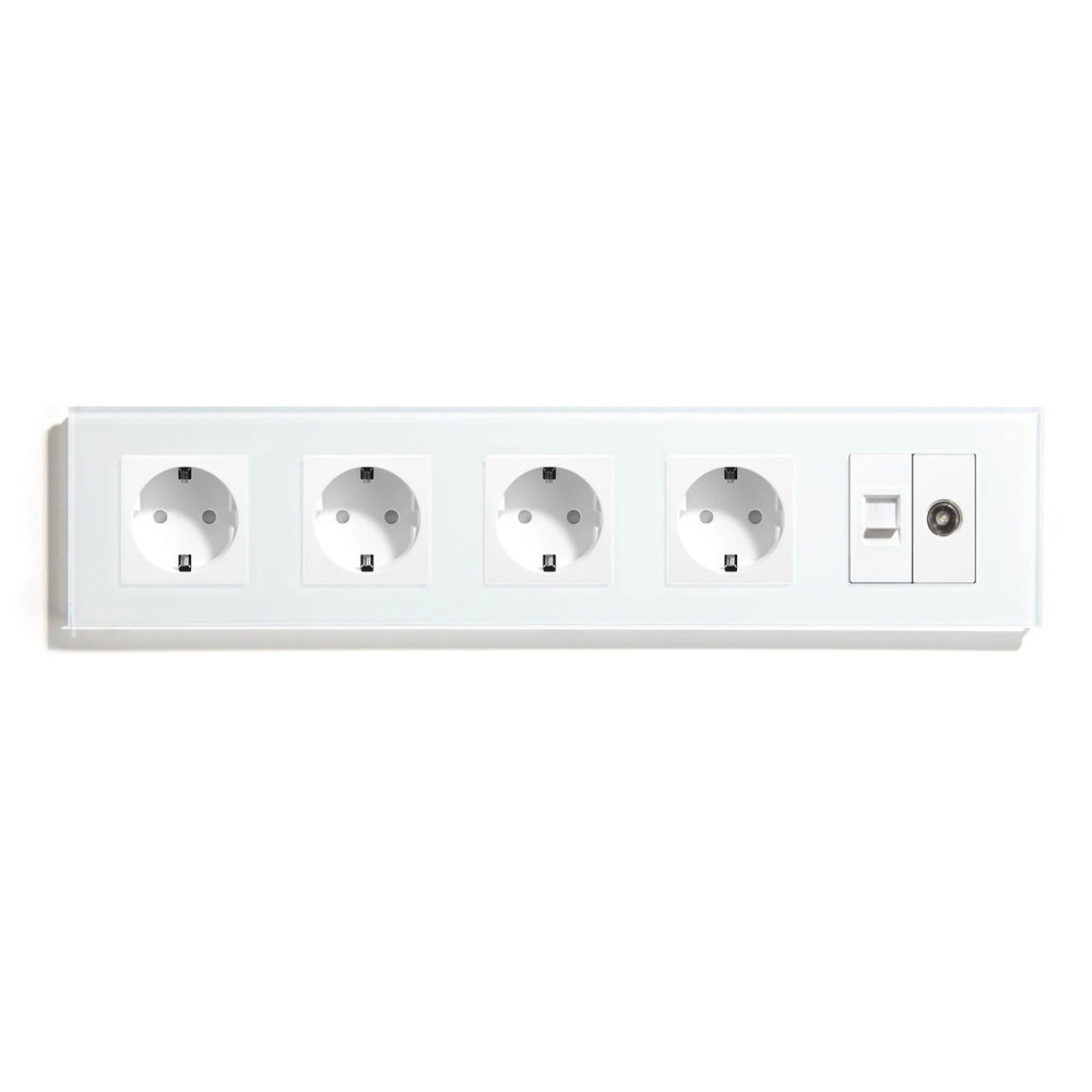 Розетка п’ятимісна LUXION Силова + Інтернет RJ-45 + ТБ, біла, настінна, скляна рамка