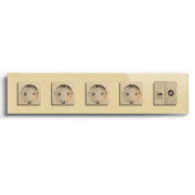 Розетка п’ятимісна LUXION Силова + Інтернет RJ-45 + ТБ, золота, настінна, скляна рамка