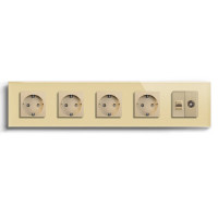 Розетка п’ятимісна LUXION Силова + Інтернет RJ-45 + ТБ, золота, настінна, скляна рамка