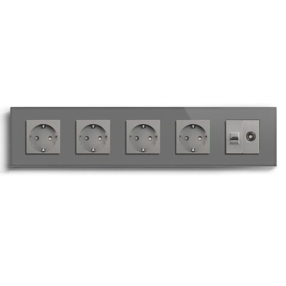 Розетка п’ятимісна LUXION Силова + Інтернет RJ-45 + ТБ, сіра, настінна, скляна рамка