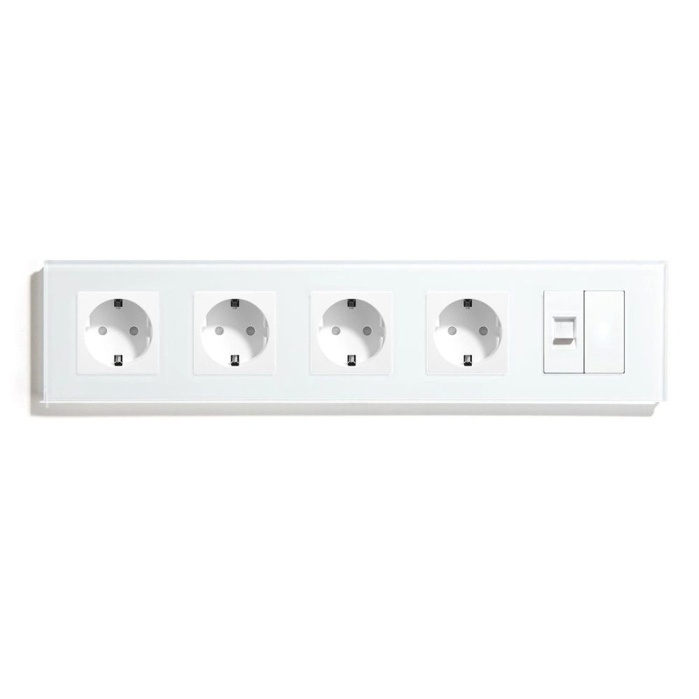 Розетка п’ятимісна LUXION Силова + Інтернет RJ-45, біла, настінна, скляна рамка