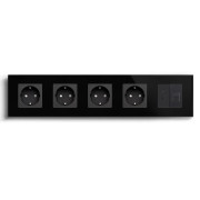 Розетка п’ятимісна з HDMI і Інтернет RJ-45, LUXION чорна, настінна, скляна рамка
