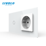 Сенсорний прохідний / перехресний вимикач з розеткою LIVOLO 16А 230В із заземленням, шторки, білий, скло