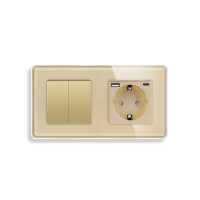 Універсальний подвійний вимикач (звичайний / прохідний) з розеткою USB A+C 20Вт, заземлення, ELIOS золото скло