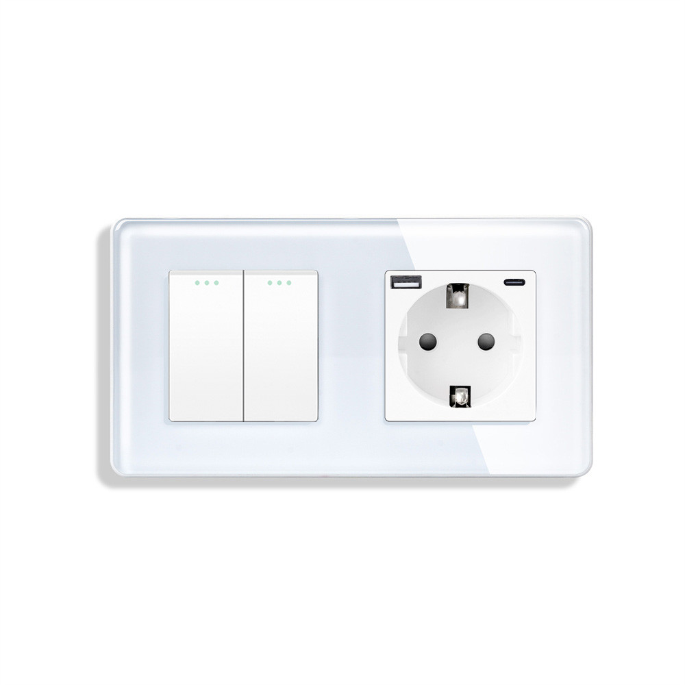 Універсальний подвійний вимикач (звичайний / прохідний) з розеткою USB A+C 20Вт, заземлення, ELIOS білий скло