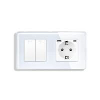 Універсальний подвійний вимикач (звичайний / прохідний) з розеткою USB A+C 20Вт, заземлення, ELIOS білий скло