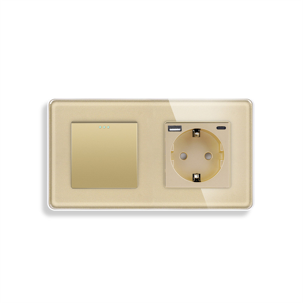 Універсальний вимикач (звичайний / прохідний) з розеткою USB A+C 20Вт, заземлення, ELIOS золото скло