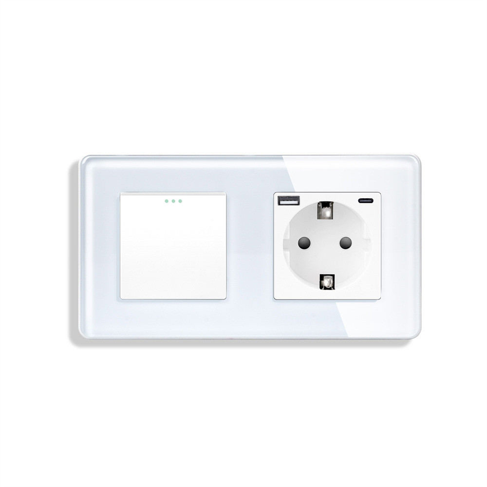 Універсальний вимикач (звичайний / прохідний) з розеткою з USB A+C 20Вт, заземлення, ELIOS білий скло