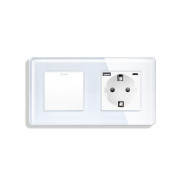 Універсальний вимикач (звичайний / прохідний) з розеткою з USB A+C 20Вт, заземлення, ELIOS білий скло
