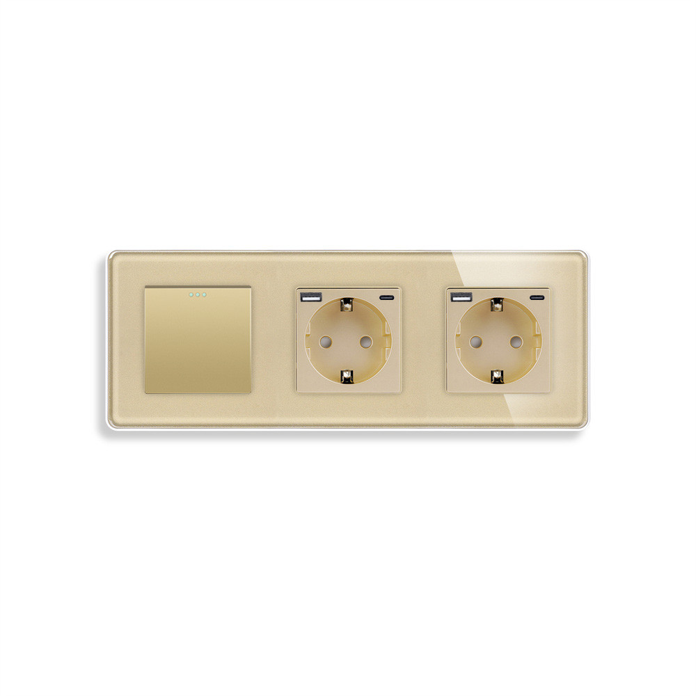 Вимикач універсальний з двома розетками з USB A+C 20Вт, із заземленням, захисні шторки, ELIOS золото скло