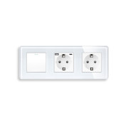 Перехресний вимикач з розеткою та розеткою з USB A+C 20Вт, із заземленням, захисні шторки, ELIOS білий скло