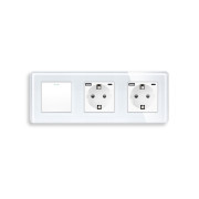 Перехресний вимикач з двома розетками з USB A+C 20Вт, із заземленням, захисні шторки, ELIOS білий скло