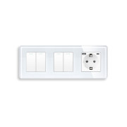 Перехресний вимикач 4-клавішний (2-2) з розеткою з USB A+C 20Вт, заземлення, ELIOS 16А 230 В, білий скло