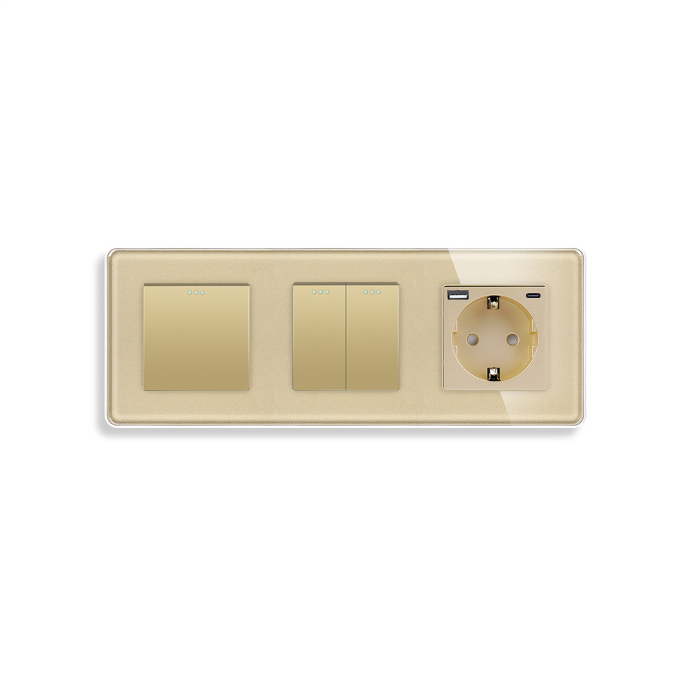 Перехресний вимикач 3-клавішний (1-2) з розеткою з USB A+C 20Вт, заземлення, ELIOS 16А 230 В, золото скло