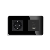 Розетка ELIOS з USB-A та USB-C 65Вт, чорна, настінна дизайнерська, скляна рамка
