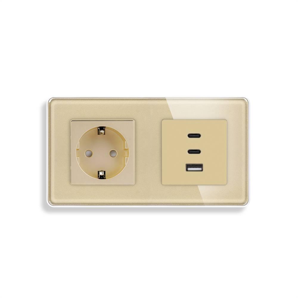 Розетка ELIOS з USB-A та USB-C 65Вт, золота, настінна дизайнерська, скляна рамка