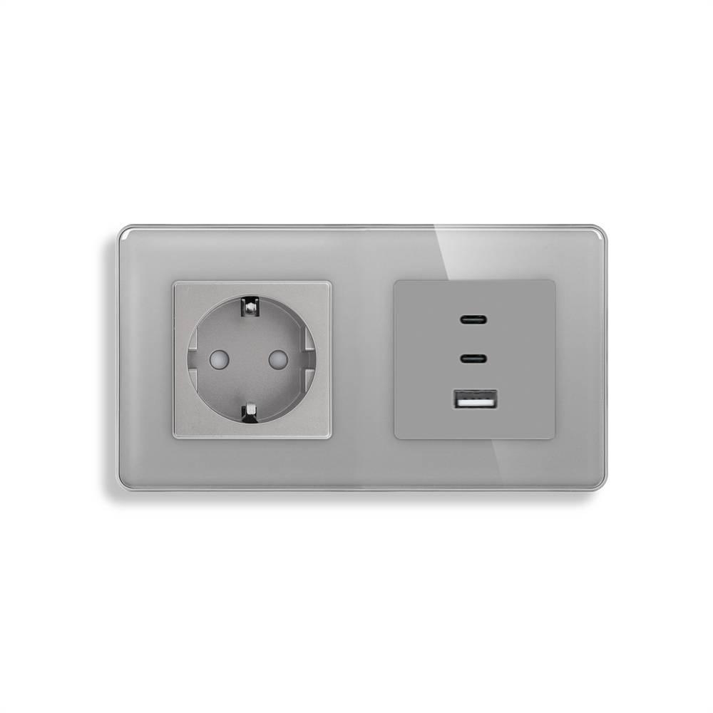 Розетка ELIOS з USB-A та USB-C 65Вт, сіра, настінна дизайнерська, скляна рамка