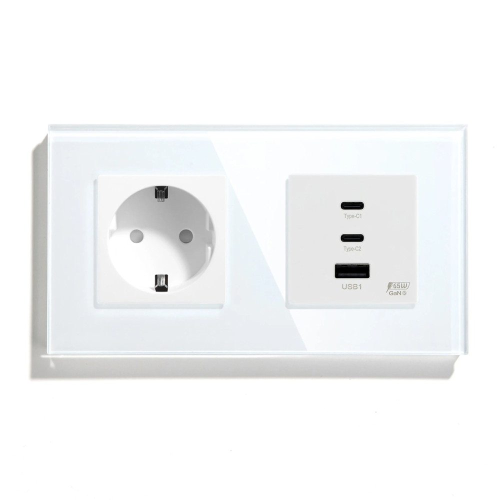 Розетка LUXION з USB-A та USB-C 65Вт, біла, настінна дизайнерська, скляна рамка