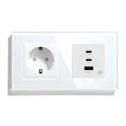 Розетка LUXION з USB-A та USB-C 65Вт, біла, настінна дизайнерська, скляна рамка