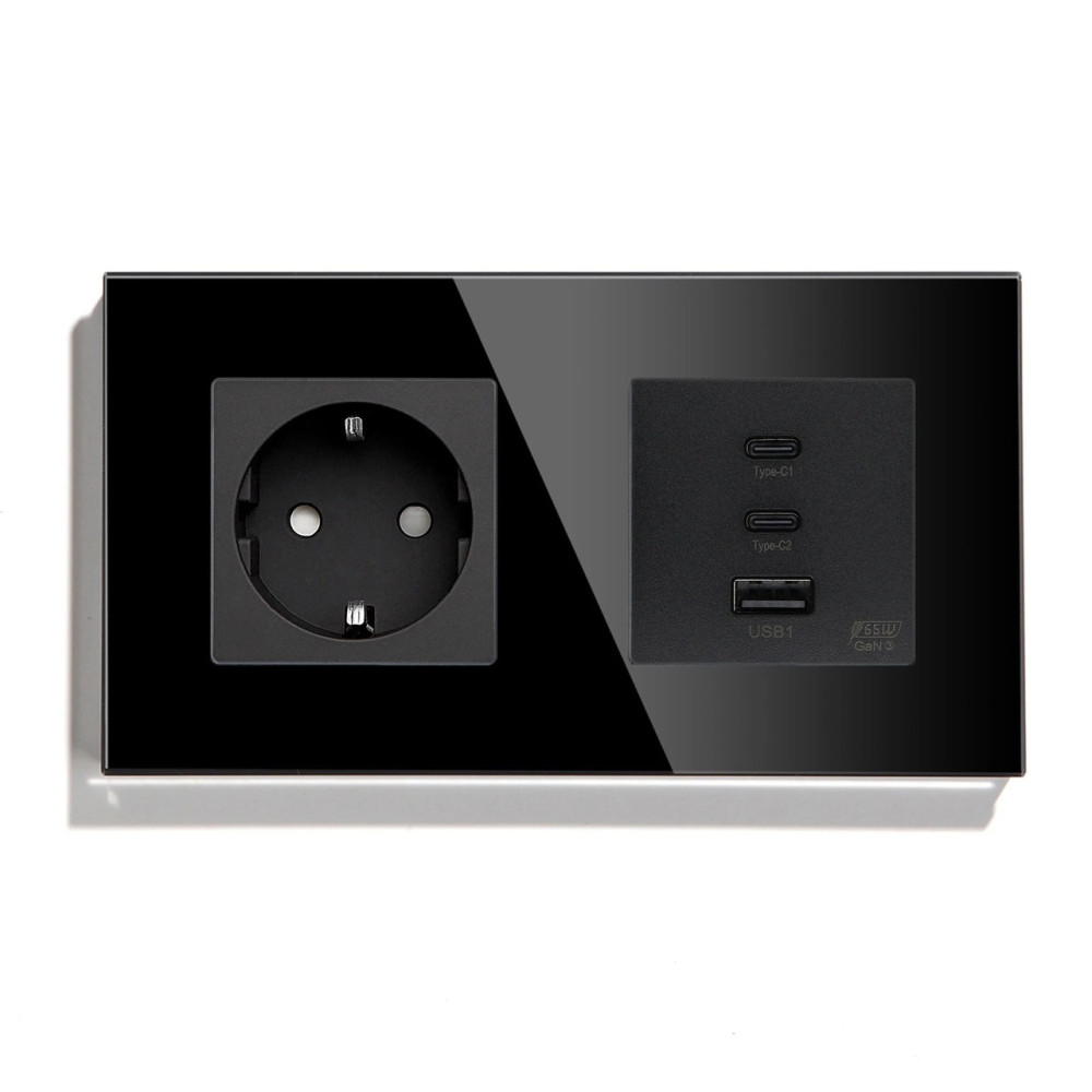 Розетка LUXION з USB-A та USB-C 65Вт, чорна, настінна дизайнерська, скляна рамка