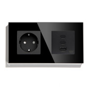 Розетка LUXION з USB-A та USB-C 65Вт, чорна, настінна дизайнерська, скляна рамка