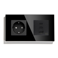 Розетка LUXION з USB-A та USB-C 65Вт, чорна, настінна дизайнерська, скляна рамка