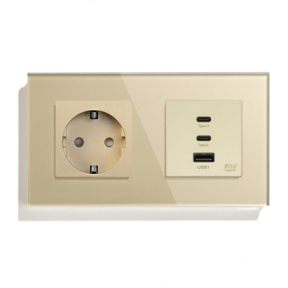 Розетка LUXION з USB-A та USB-C 65Вт, золота, настінна дизайнерська, скляна рамка