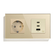 Розетка LUXION з USB-A та USB-C 65Вт, золота, настінна дизайнерська, скляна рамка