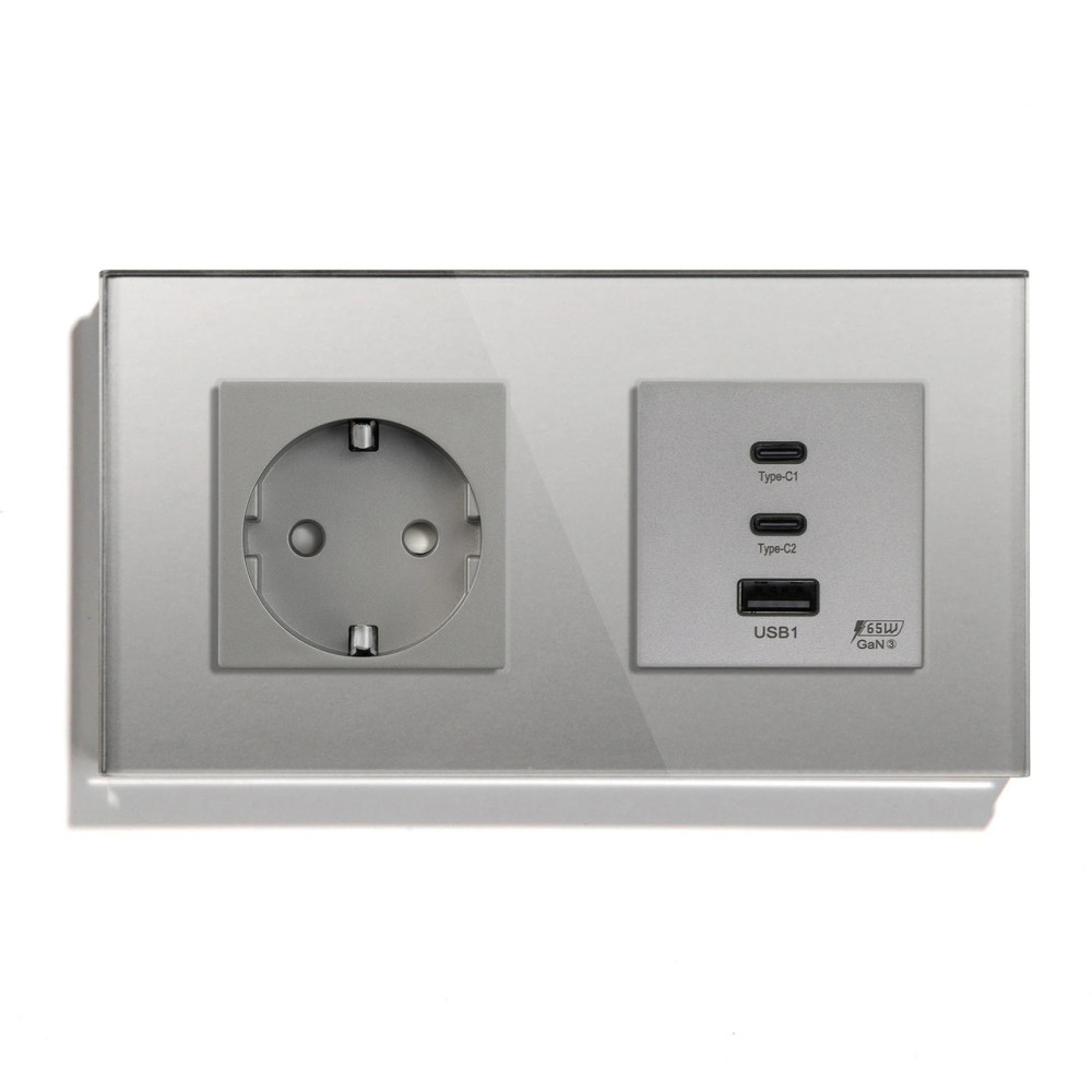Розетка LUXION з USB-A та USB-C 65Вт, сіра, настінна дизайнерська, скляна рамка