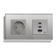 Розетка LUXION з USB-A та USB-C 65Вт, сіра, настінна дизайнерська, скляна рамка