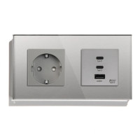 Розетка LUXION з USB-A та USB-C 65Вт, сіра, настінна дизайнерська, скляна рамка