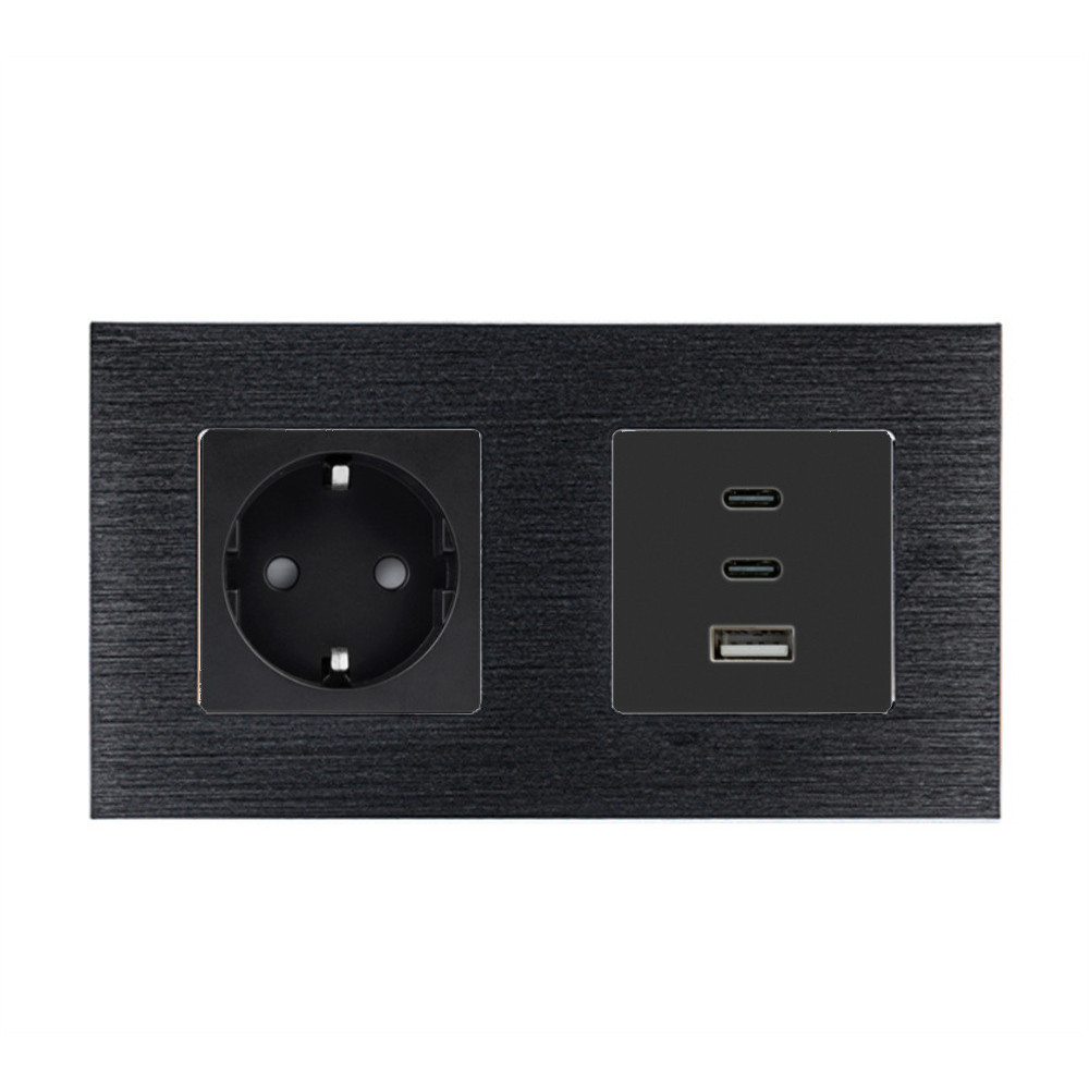 Розетка WALLPAD з USB-A та USB-C 65Вт, чорна, настінна дизайнерська, алюмінієва рамка