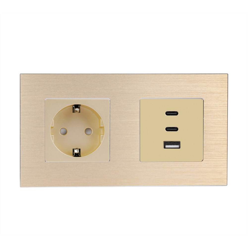 Розетка WALLPAD з USB-A та USB-C 65Вт, золота, настінна дизайнерська, алюмінієва рамка