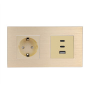 Розетка WALLPAD з USB-A та USB-C 65Вт, золота, настінна дизайнерська, алюмінієва рамка