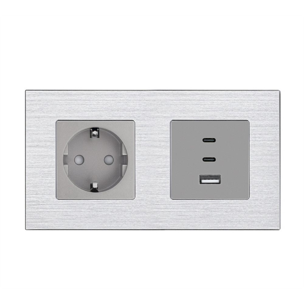 Розетка WALLPAD з USB-A та USB-C 65Вт, сіра, настінна дизайнерська, алюмінієва рамка