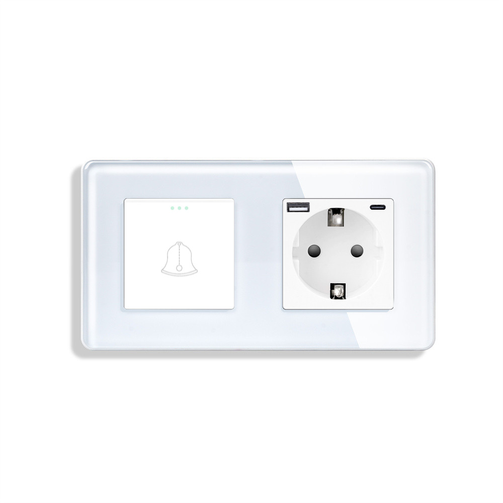 Вимикач без фіксації ELIOS з розеткою та USB A+C 20Вт, білий, скло, із заземленням і захисними шторками