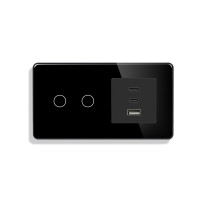 Сенсорний прохідний подвійний вимикач ELIOS з розеткою USB-A + USB-C 36 Вт чорний скляна рамка