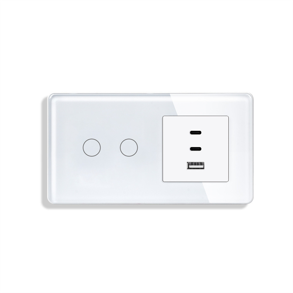 Сенсорний прохідний подвійний вимикач ELIOS з розеткою USB-A + USB-C 36 Вт білий скляна рамка