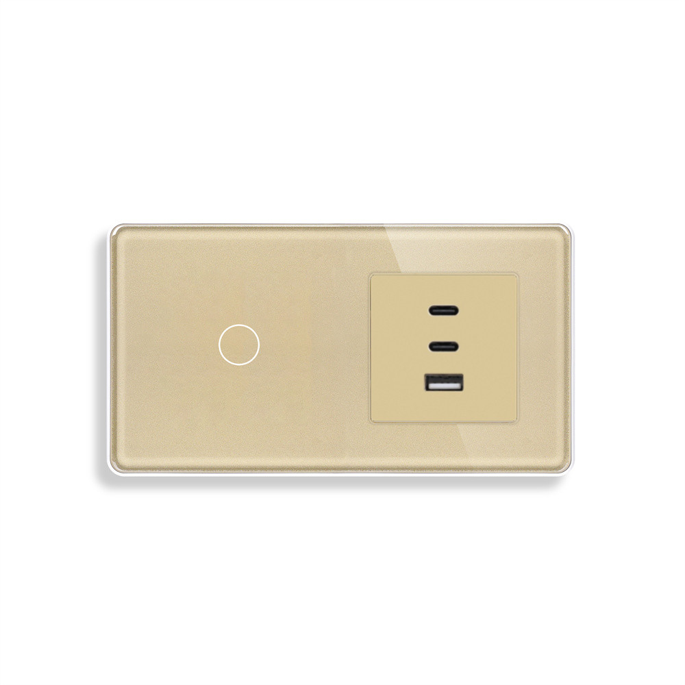 Сенсорний вимикач ELIOS з розеткою USB A+C+C 65Вт золотий скляна рамка